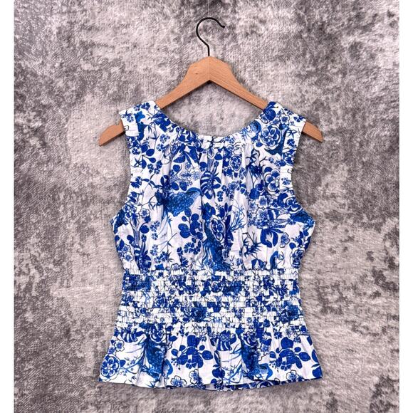 New Anthropologie Top Small Womens Blue Floral Cotton Smocked Peplum Blouse - Picture 3 of 8